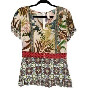 Anthropologie Raga Artful Boho Floral Top Crochet Waist Zip Back